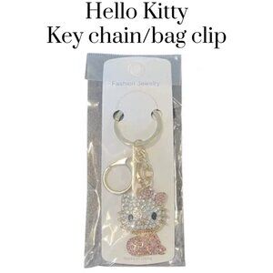 Hello Kitty Keychain/Bag Clip.  Pink & Silver Rhinestones. Bling Charm Goldtone.
